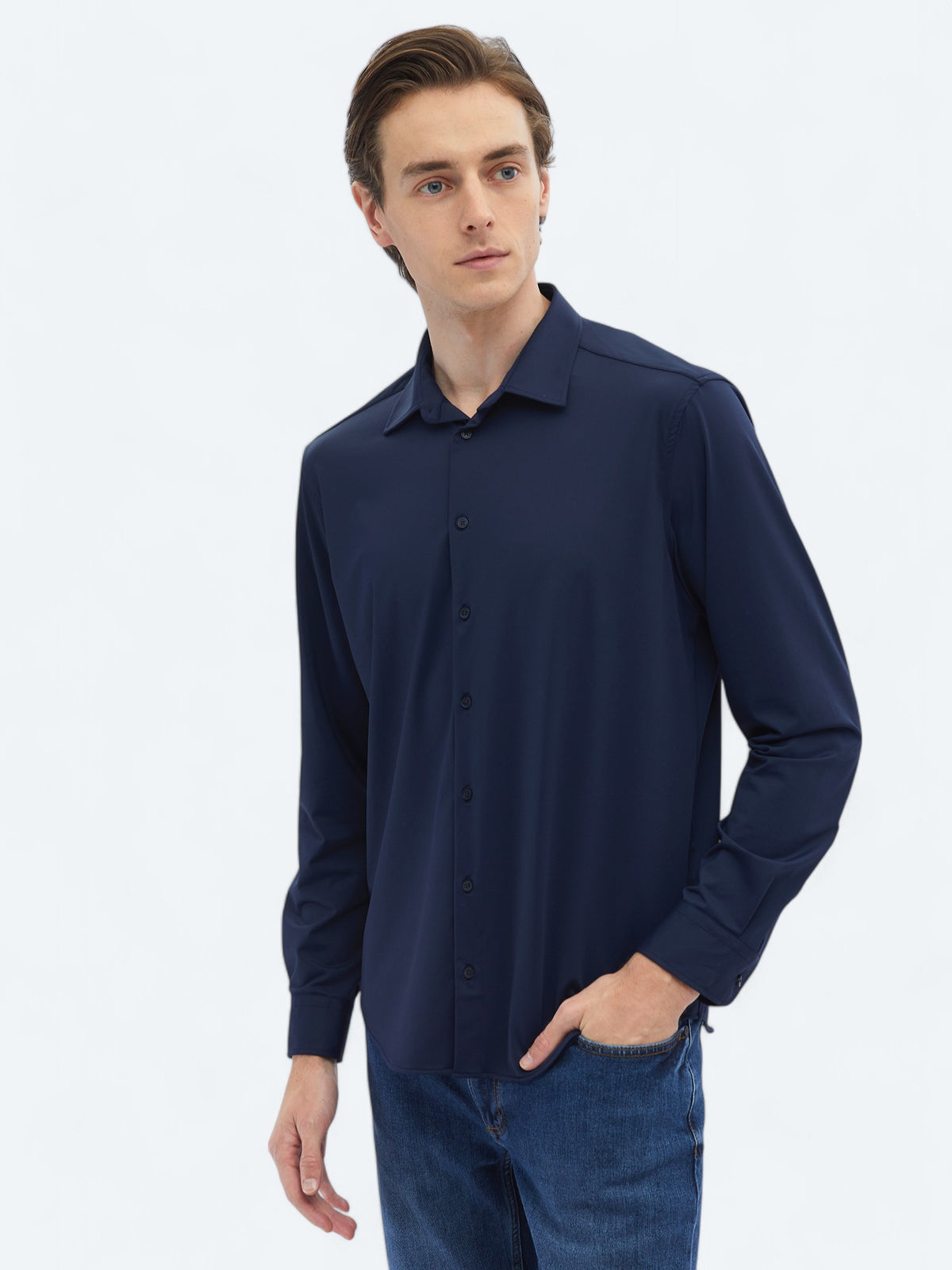 Lacivert Düz Regular Fit Uzun Casual Gömlek