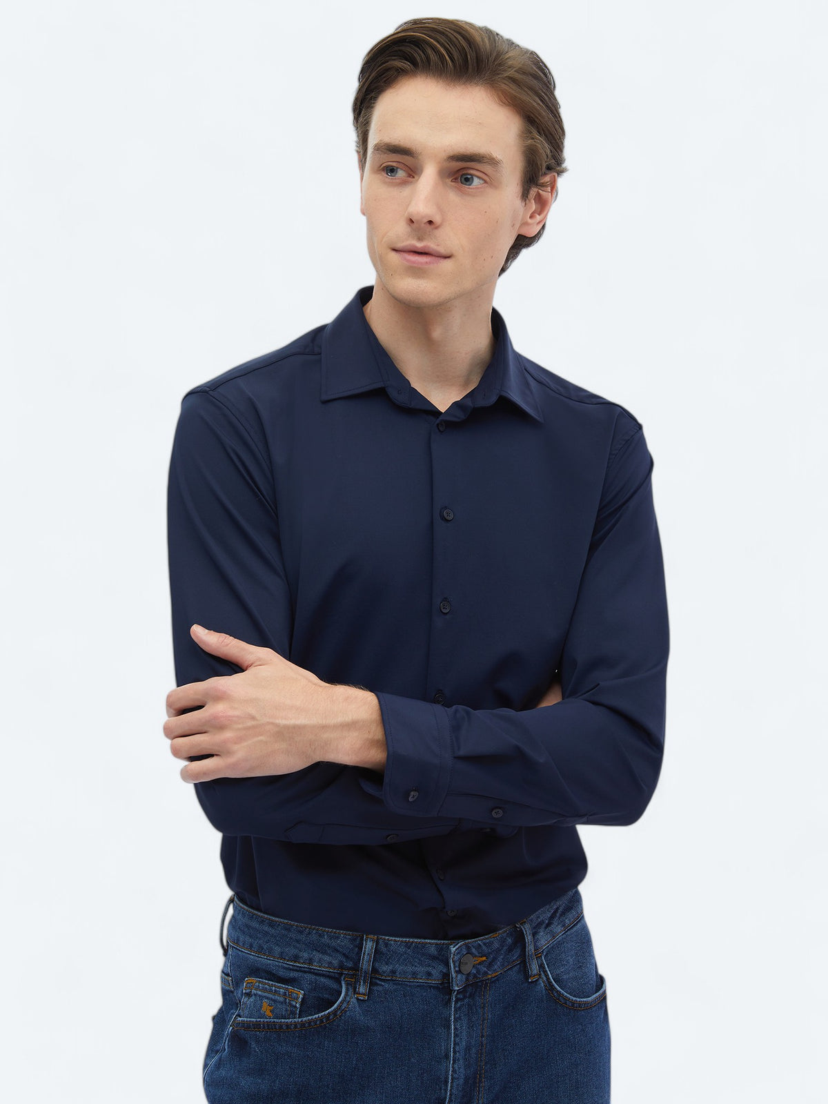 Lacivert Düz Regular Fit Uzun Casual Gömlek