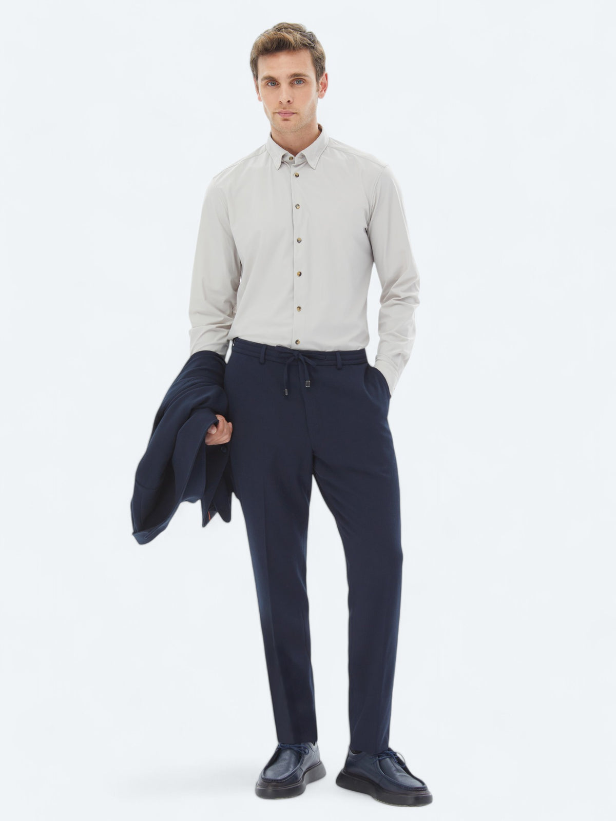 Ekru Düz Regular Fit Uzun Casual Gömlek
