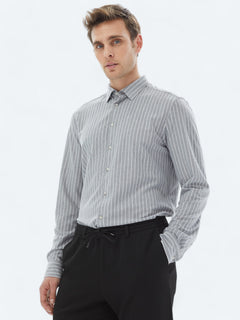 Gri Çizgili Regular Fit Uzun Casual Pamuk Karışımlı Gömlek