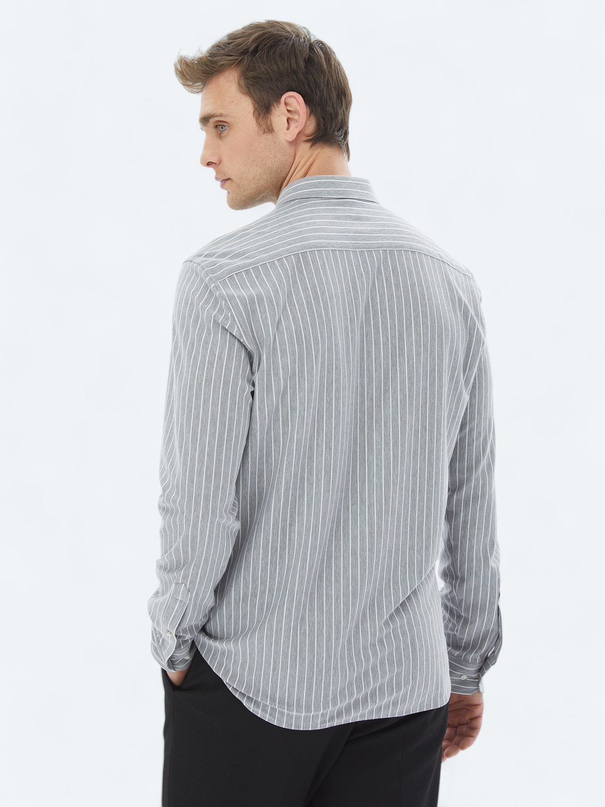 Gri Çizgili Regular Fit Uzun Casual Pamuk Karışımlı Gömlek