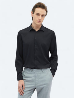 Siyah Düz Regular Fit Uzun Dokuma Casual Gömlek