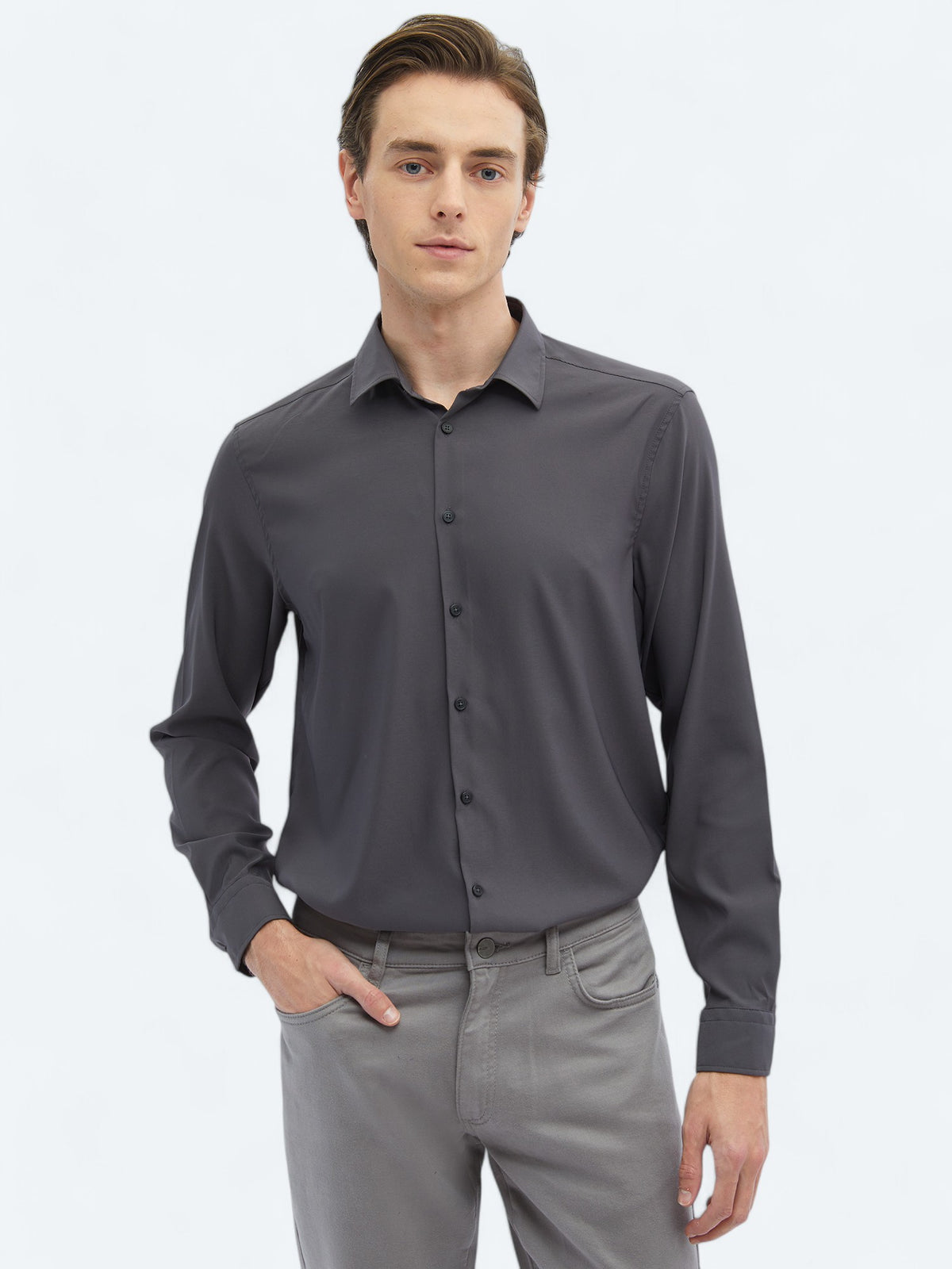Antrasit Düz Regular Fit Uzun Dokuma Casual Gömlek