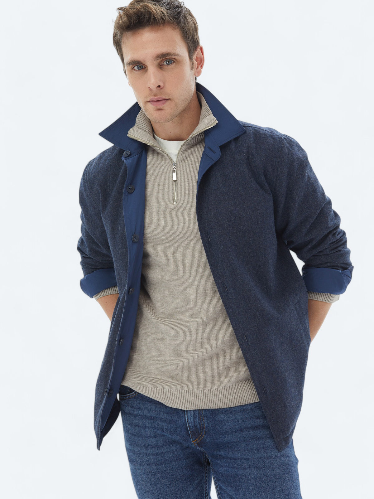 Lacivert Regular Fit Gömlek Yaka Casual Dokuma Mont