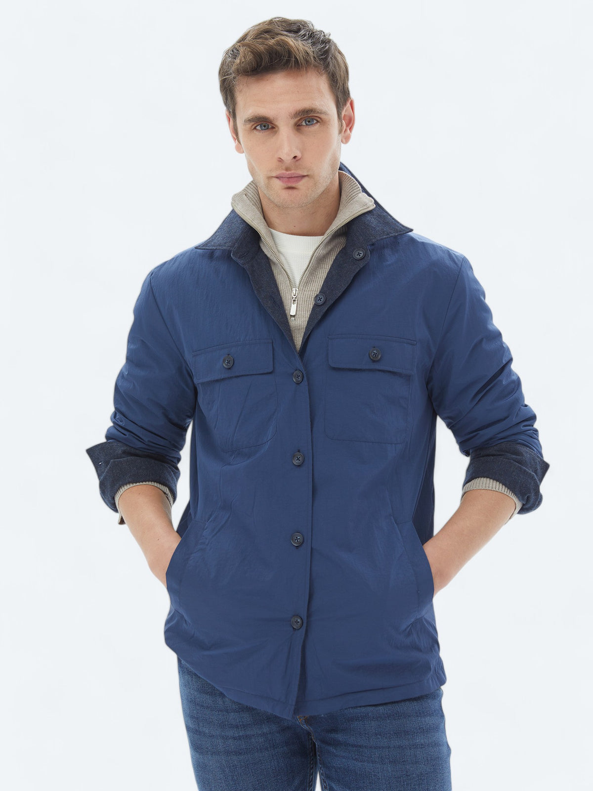 Lacivert Regular Fit Gömlek Yaka Casual Dokuma Mont