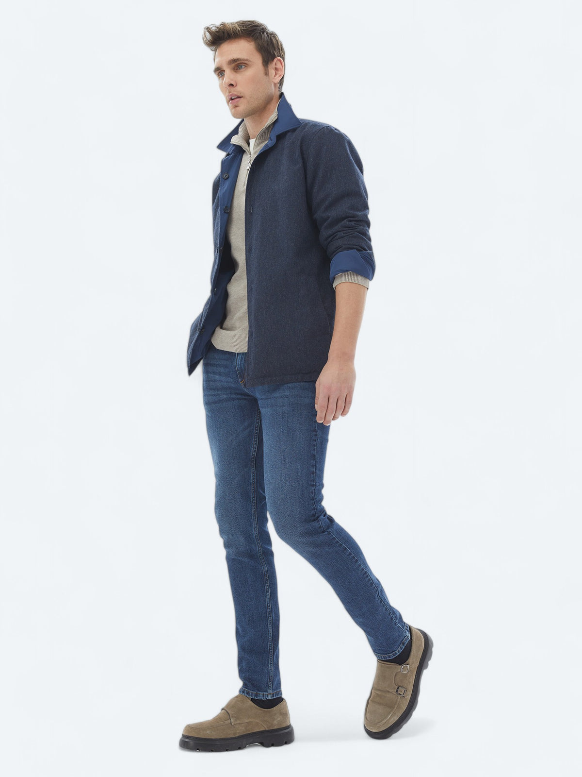 Lacivert Regular Fit Gömlek Yaka Casual Dokuma Mont