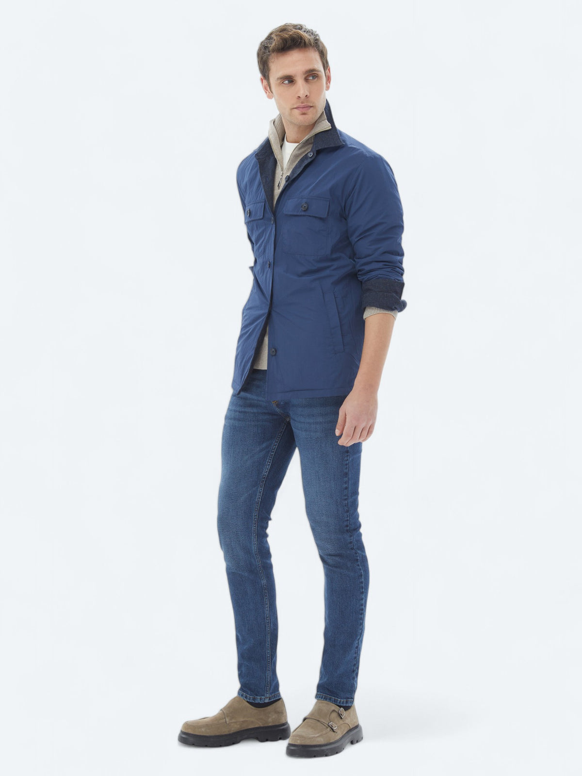 Lacivert Regular Fit Gömlek Yaka Casual Dokuma Mont