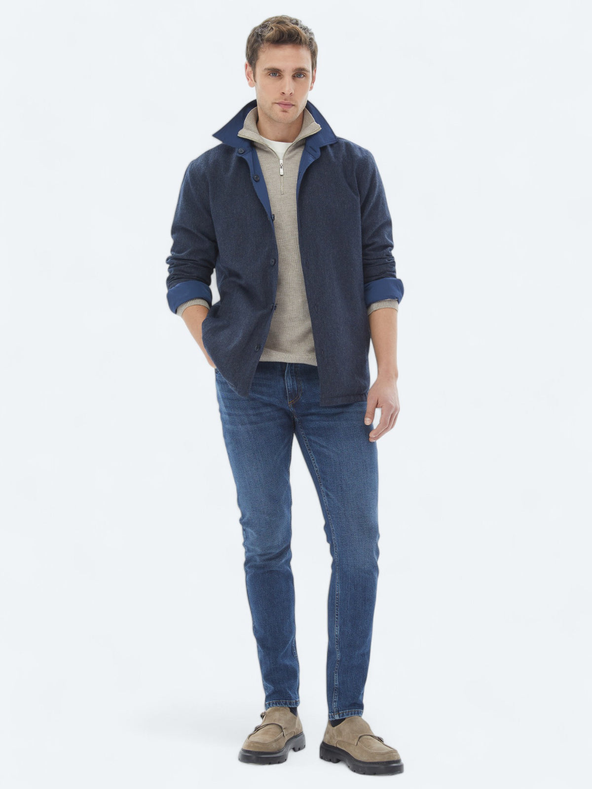 Lacivert Regular Fit Gömlek Yaka Casual Dokuma Mont