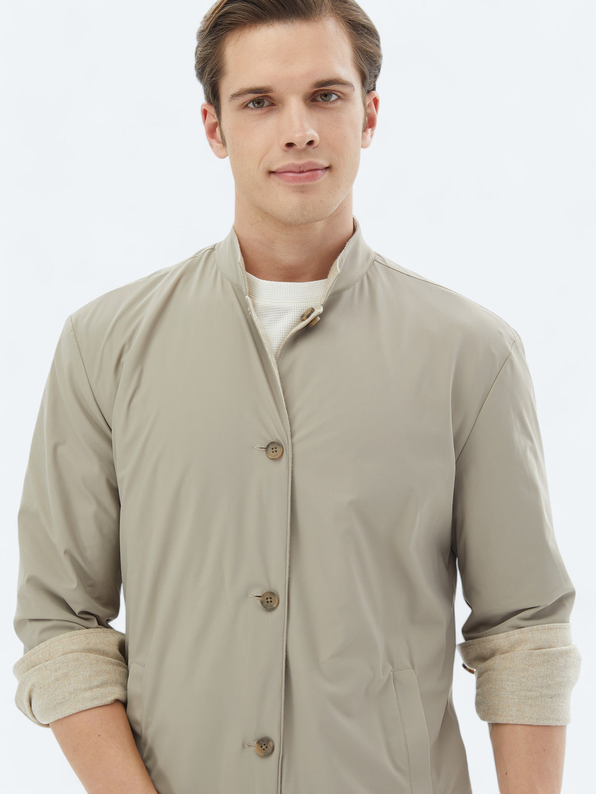 Bej Regular Fit Dik Yaka Casual Dokuma Mont