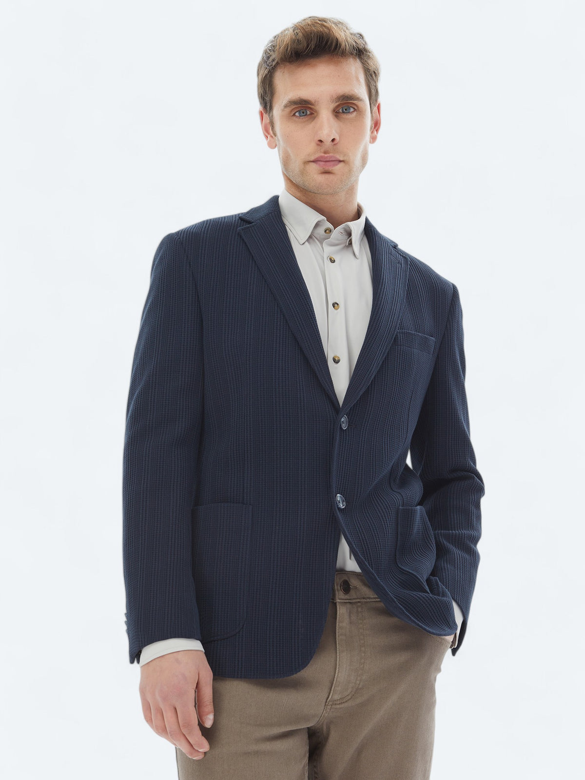 Lacivert Desenli Modern Fit %100 Pamuk Örme Ceket