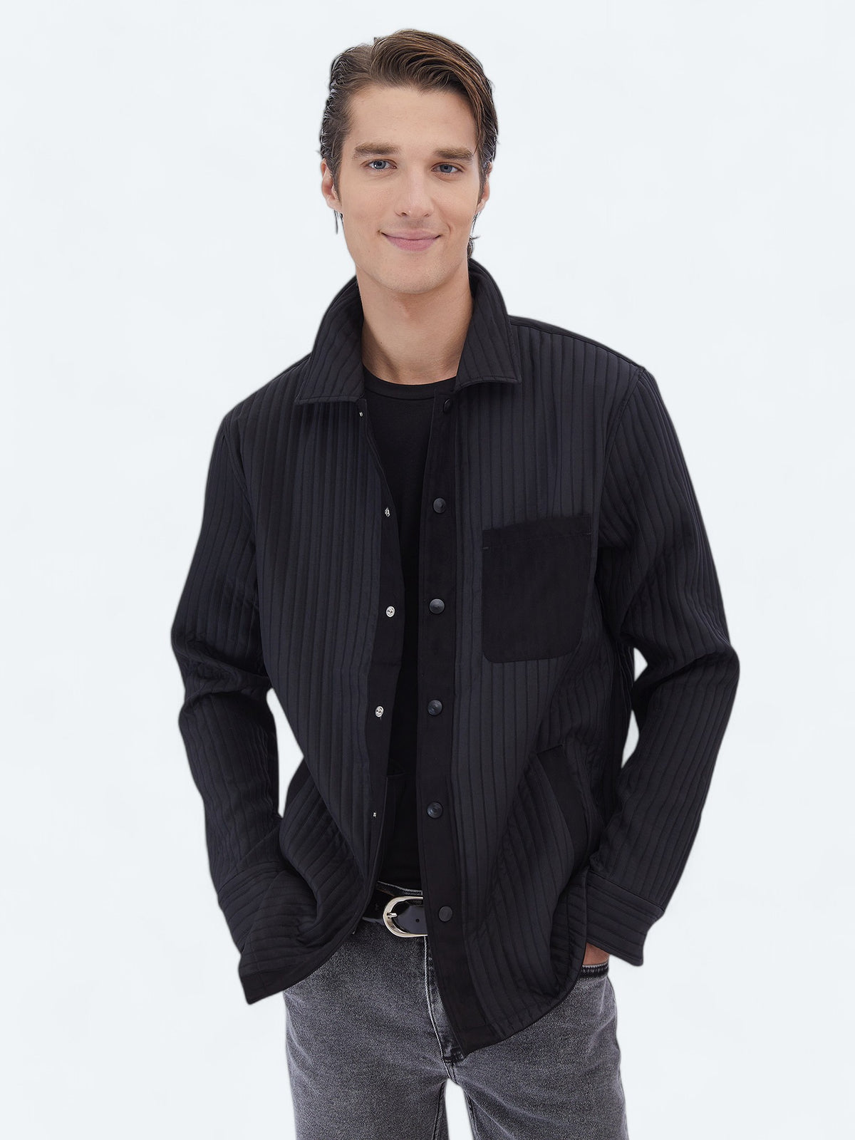 Siyah Düz Regular Fit Dokuma Overshirt