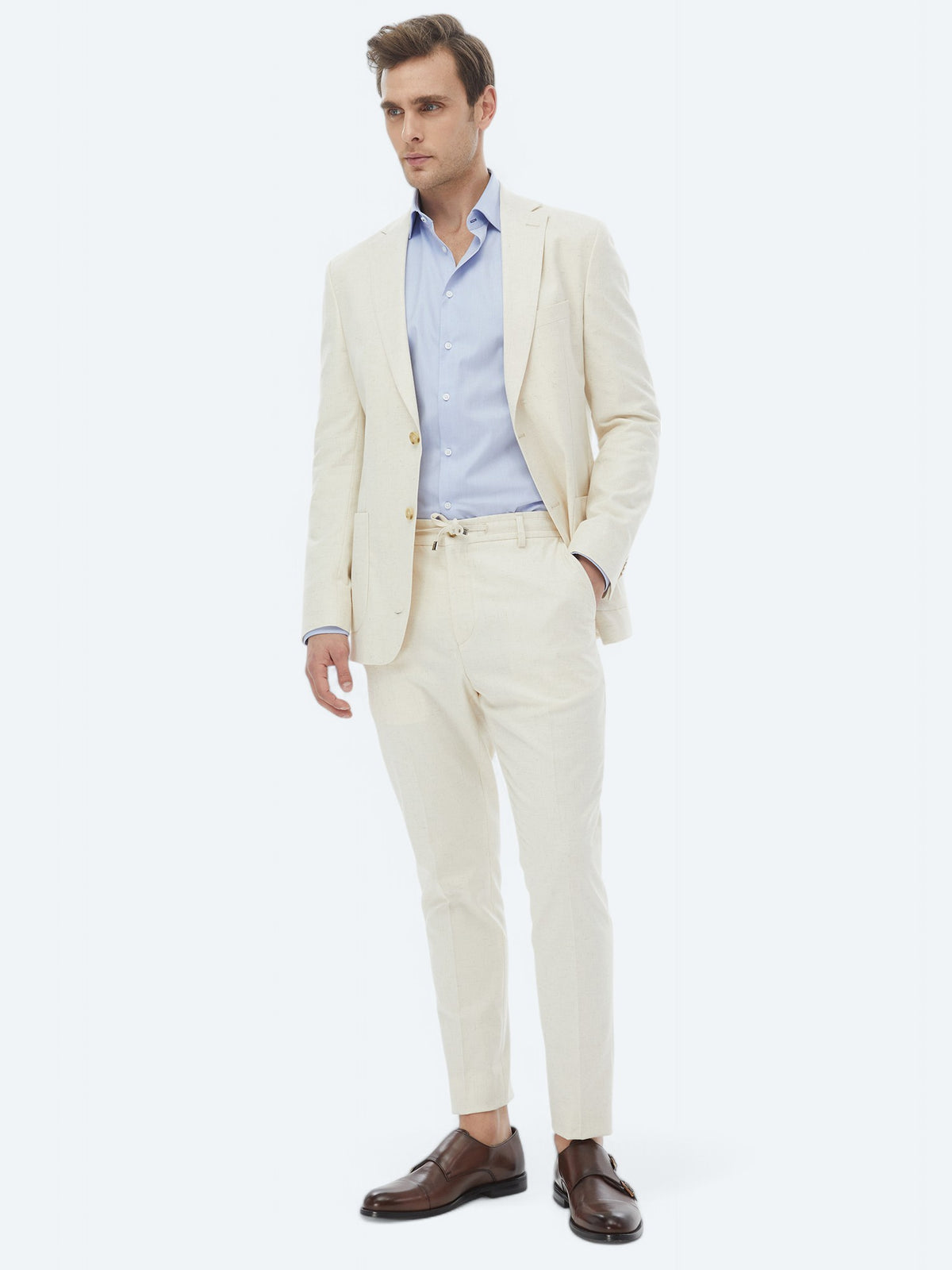 Ekru Desenli Modern Fit Pamuk Karışımlı Takım Elbise