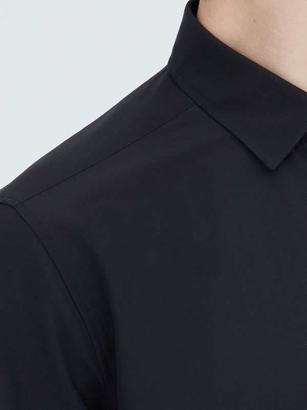 Siyah Düz Regular Fit Uzun Dokuma Casual Pamuk Karışımlı Gömlek