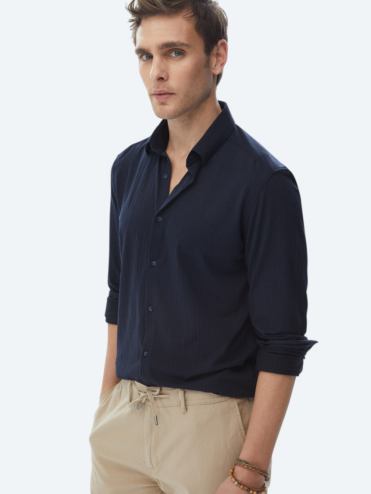 Lacivert Slim Fit Uzun Spor Gömlek