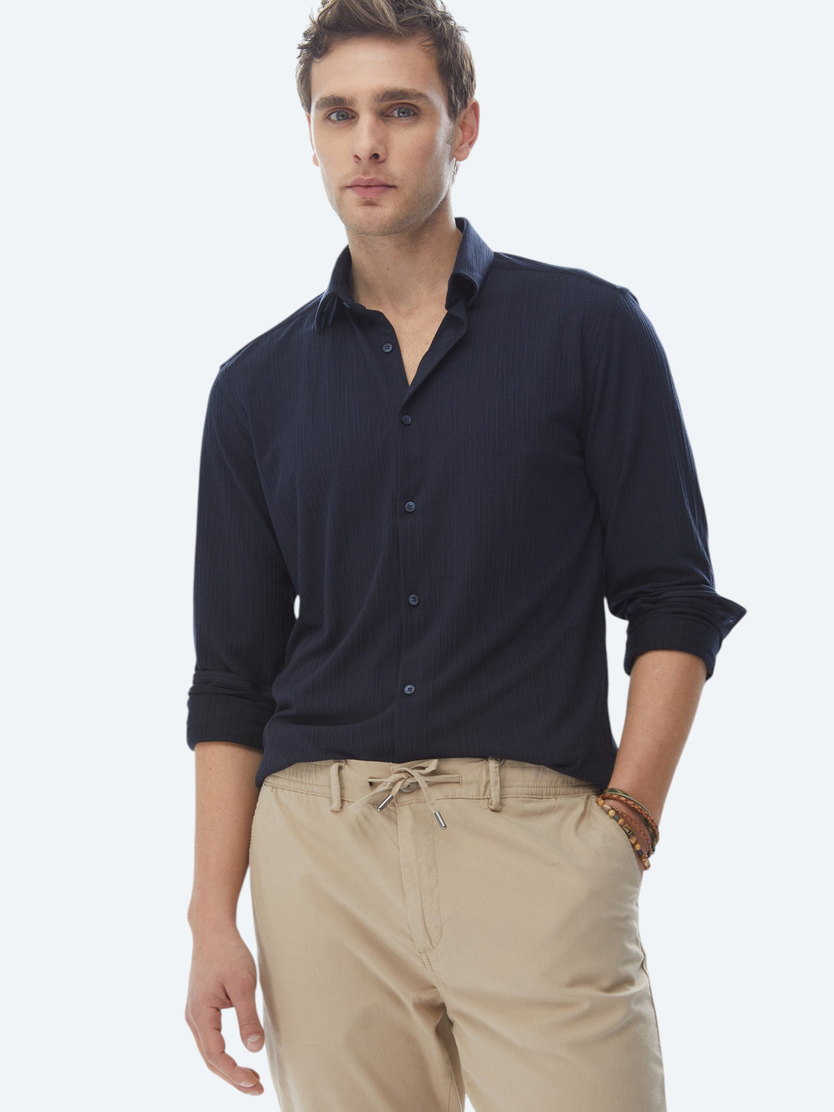 Lacivert Slim Fit Uzun Spor Gömlek