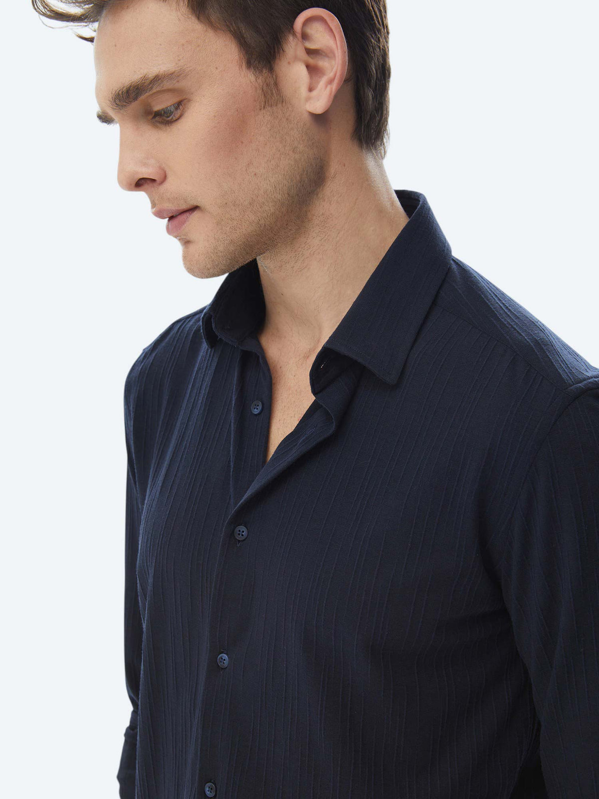 Lacivert Slim Fit Uzun Spor Gömlek
