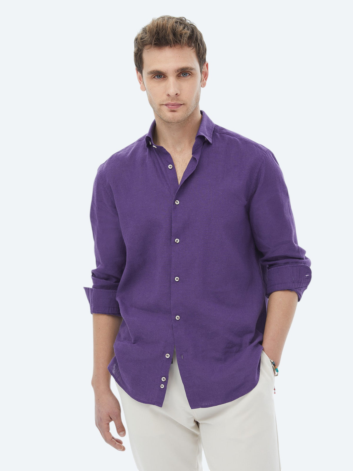 Mor Düz Regular Fit Uzun Dokuma Casual Pamuk Karışımlı Gömlek