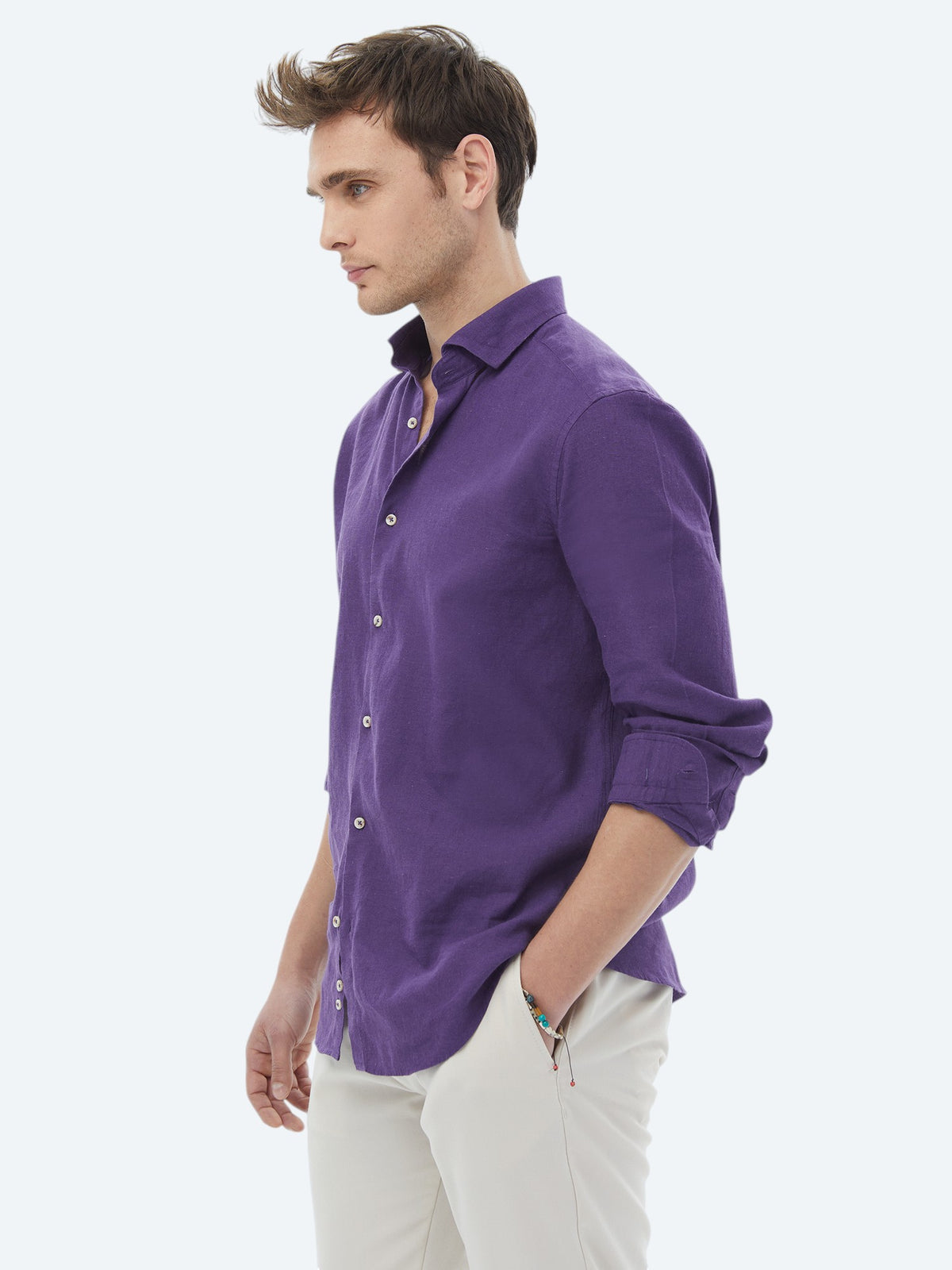 Mor Düz Regular Fit Uzun Dokuma Casual Pamuk Karışımlı Gömlek