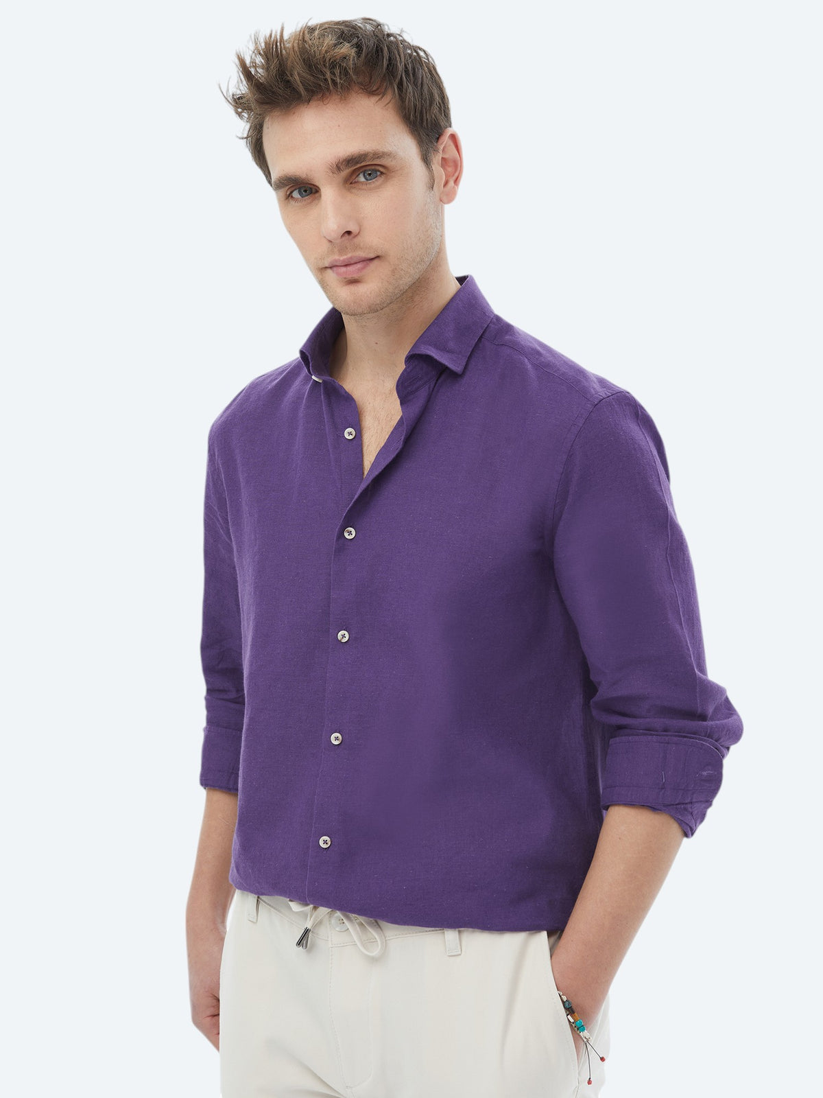 Mor Düz Regular Fit Uzun Dokuma Casual Pamuk Karışımlı Gömlek