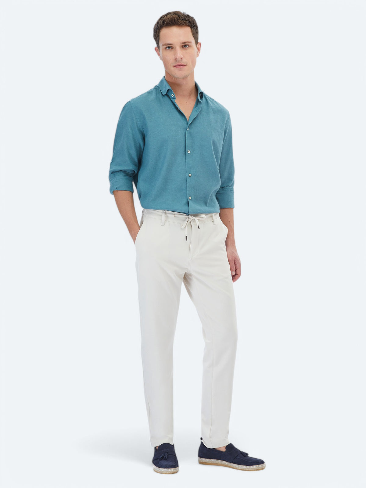 Koyu Mint Düz Regular Fit Uzun Dokuma Casual Pamuk Karışımlı Gömlek