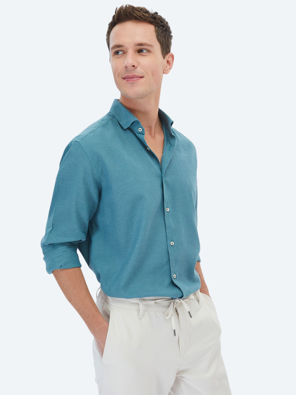 Koyu Mint Düz Regular Fit Uzun Dokuma Casual Pamuk Karışımlı Gömlek
