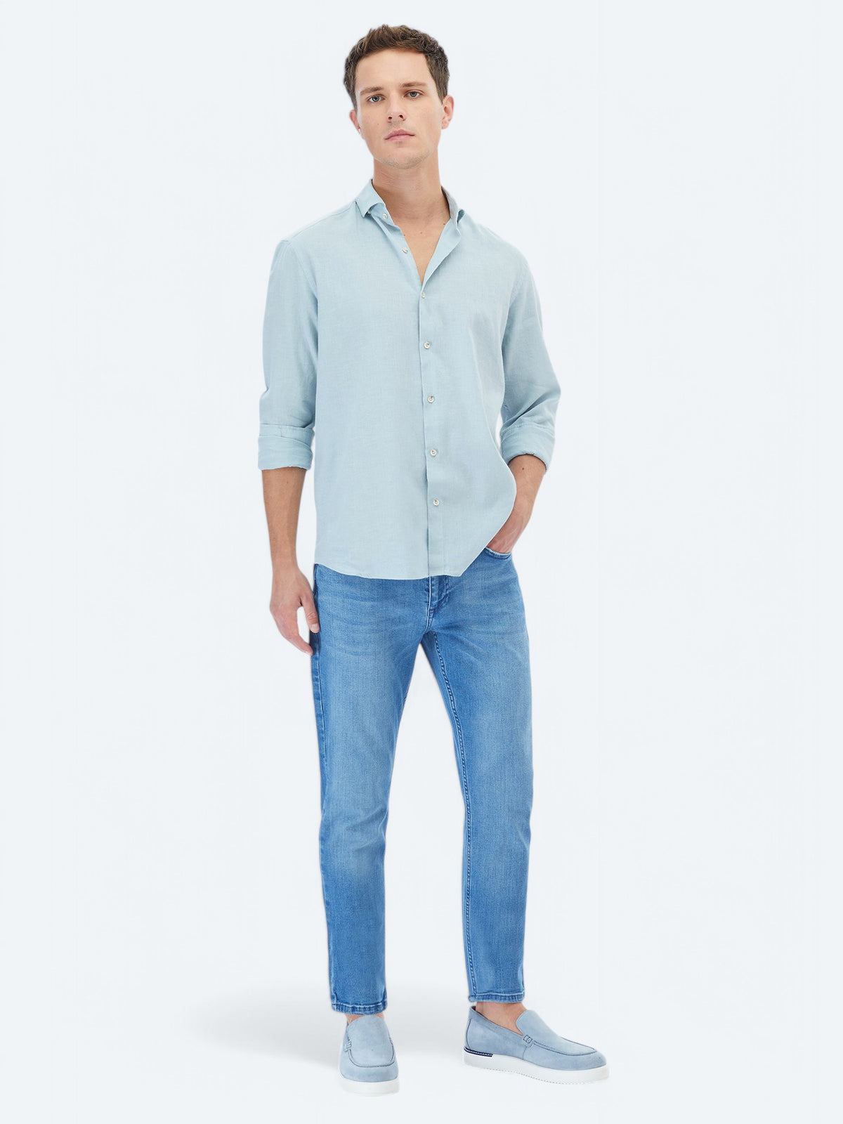 Mint Düz Regular Fit Uzun Dokuma Casual Pamuk Karışımlı Gömlek