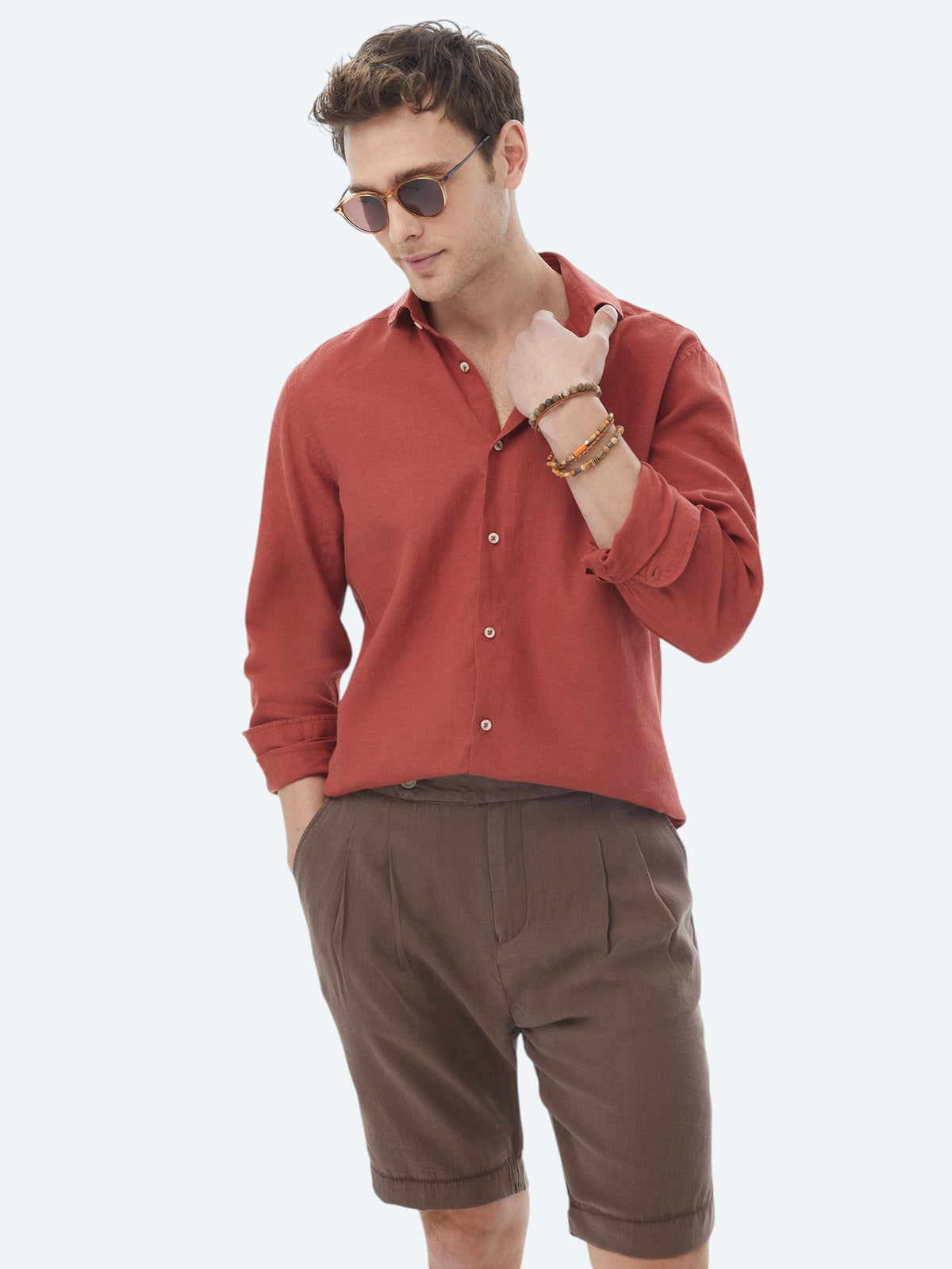 Kiremit Düz Regular Fit Uzun Dokuma Casual Pamuk Karışımlı Gömlek