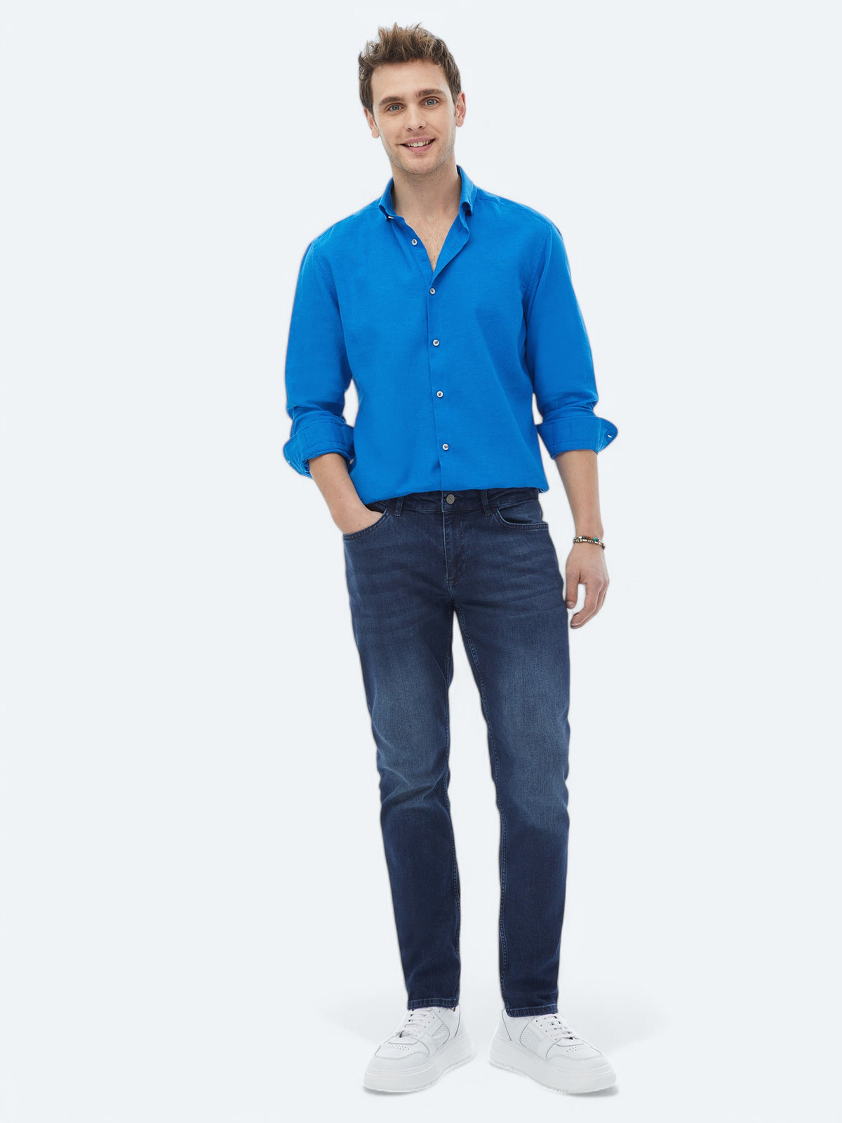 Saks Düz Regular Fit Uzun Dokuma Casual Pamuk Karışımlı Gömlek