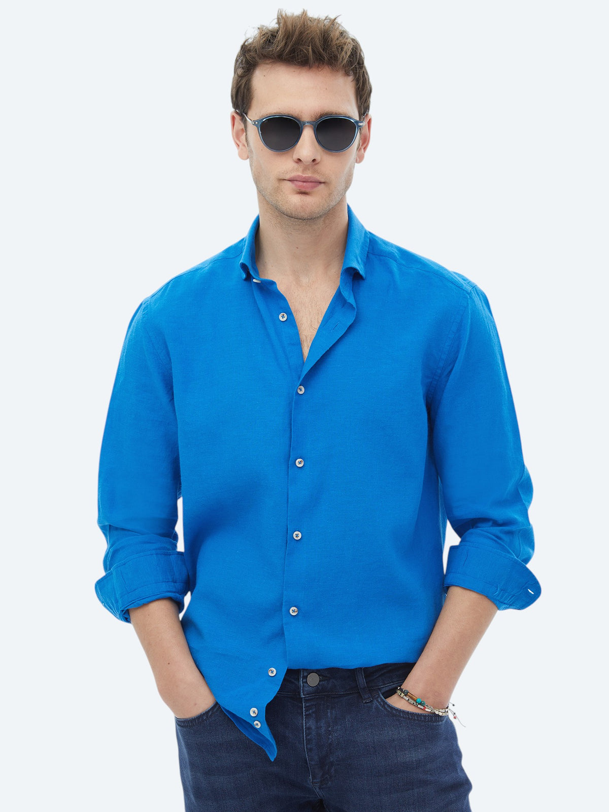 Saks Düz Regular Fit Uzun Dokuma Casual Pamuk Karışımlı Gömlek