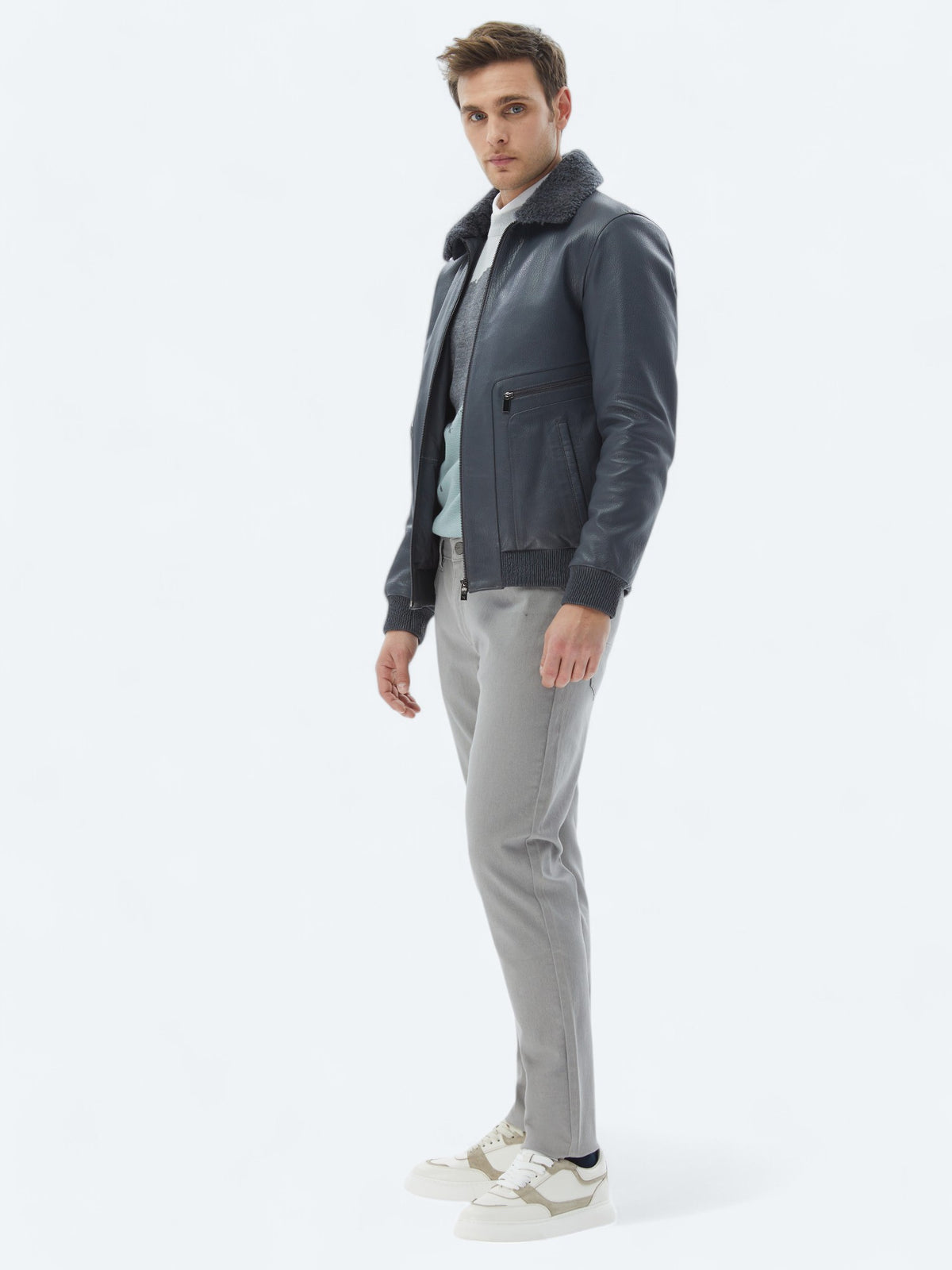 Gri Regular Fit Smart Casual Koyun Derisi Deri Mont