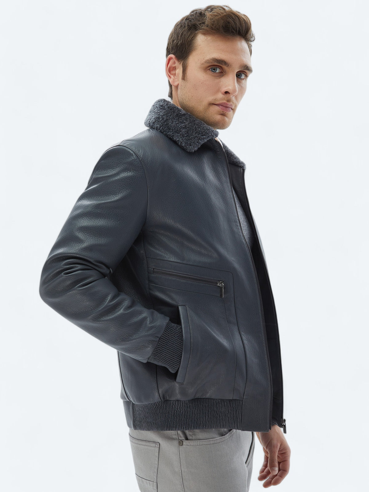 Gri Regular Fit Smart Casual Koyun Derisi Deri Mont