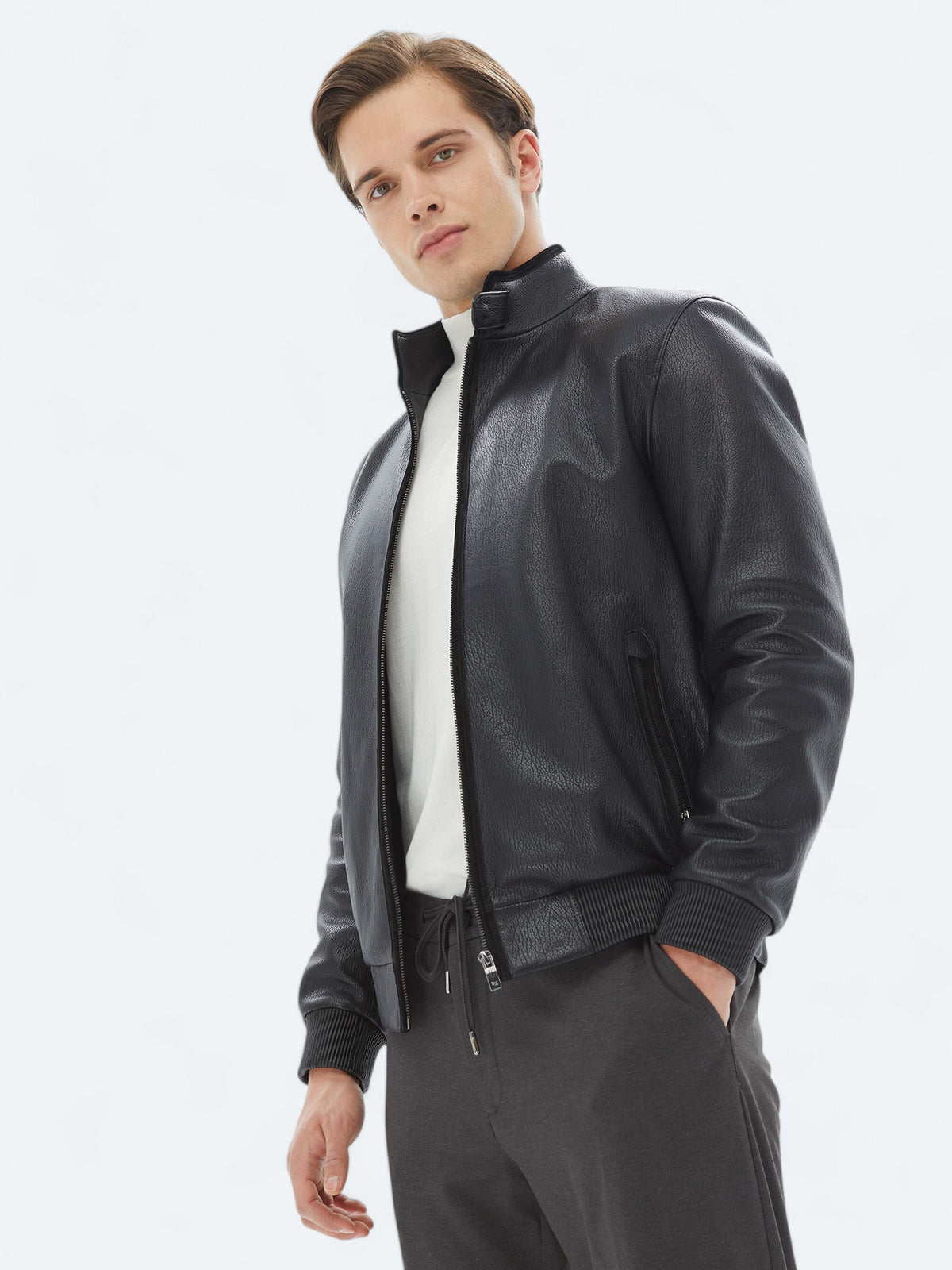 Siyah Regular Fit Dik Yaka Smart Casual Koyun Derisi Deri Mont