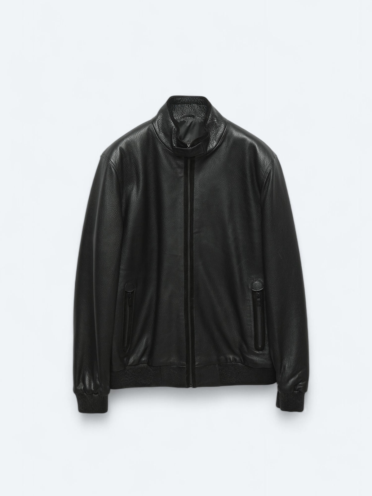 Siyah Regular Fit Dik Yaka Smart Casual Koyun Derisi Deri Mont