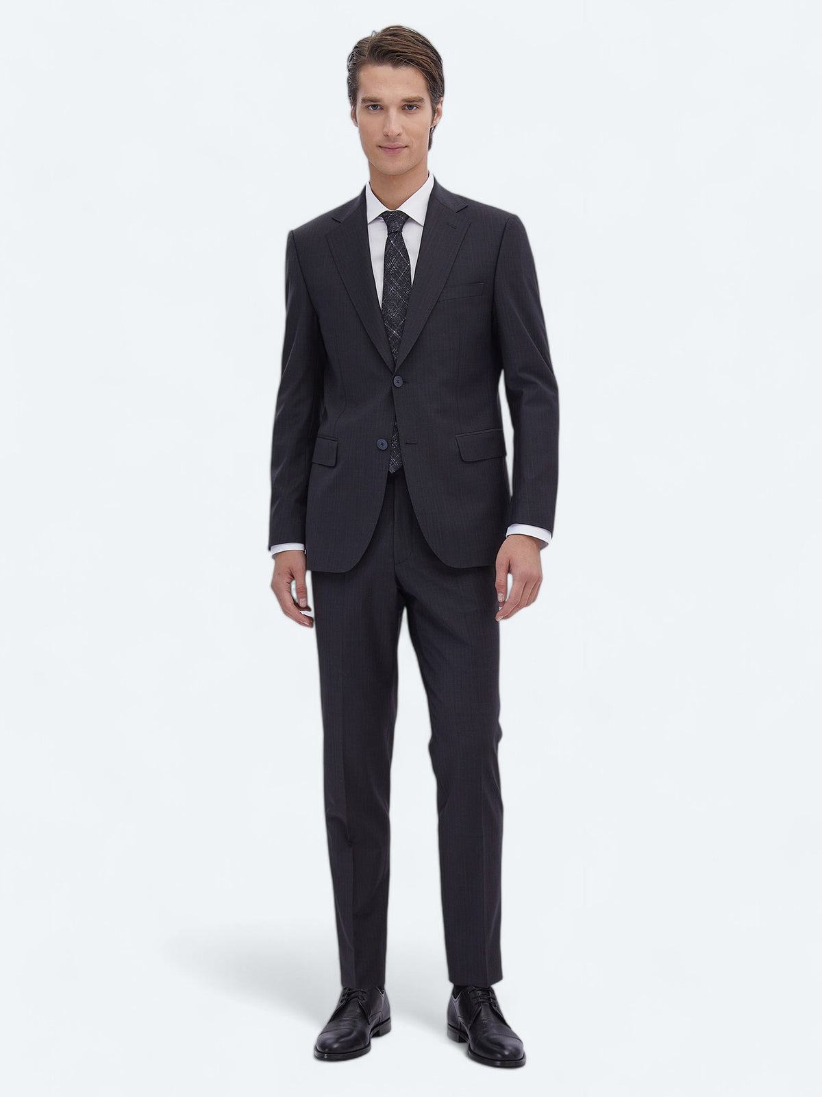Lacivert Desenli Modern Fit Yün Karışımlı Takım Elbise