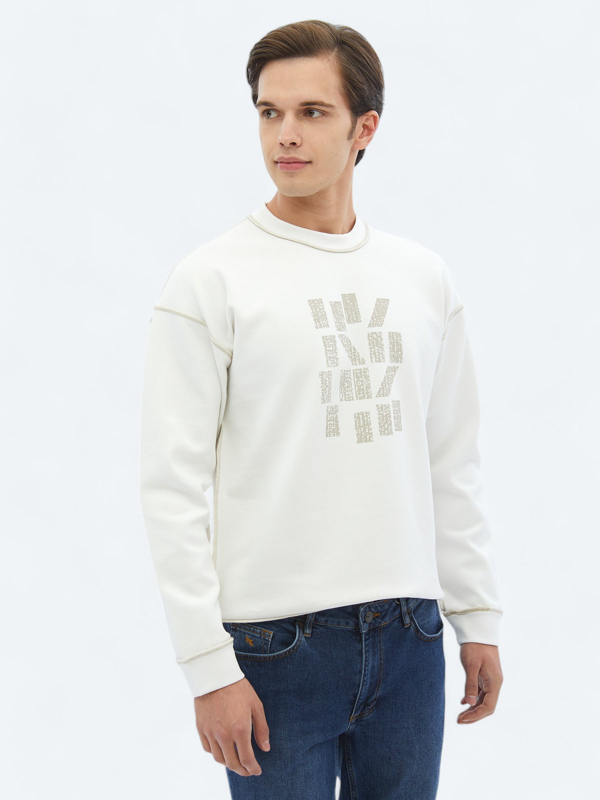 Ekru Bisiklet Yaka Baskılı Çift Taraflı Sweatshirt