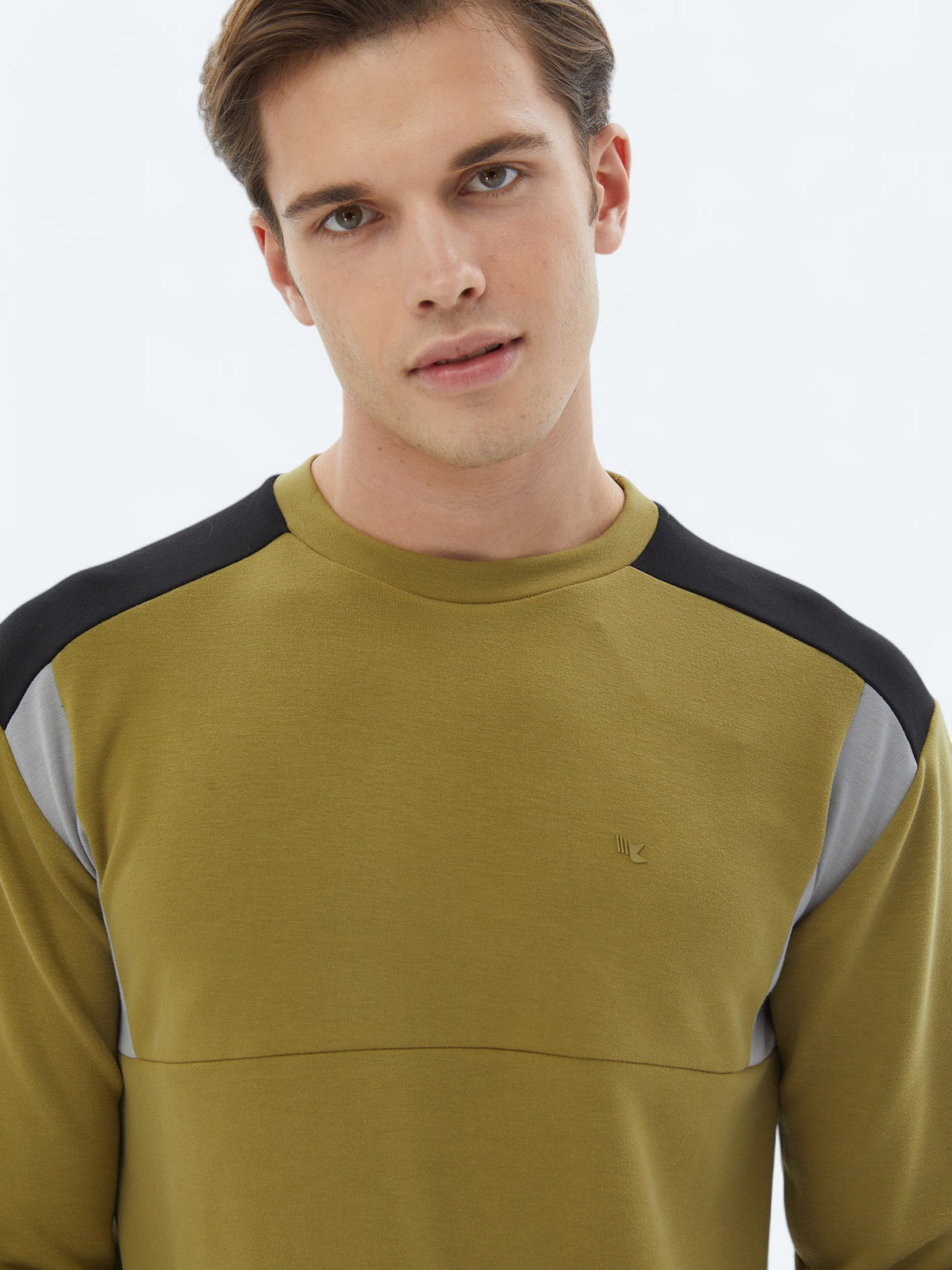 Yağ Yeşili Bisiklet Yaka Düz Sweatshirt