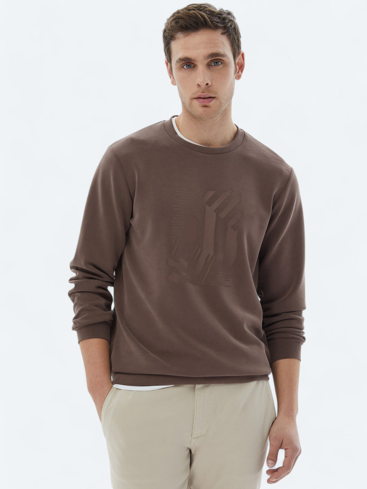 Kahverengi Bisiklet Yaka Baskılı Sweatshirt