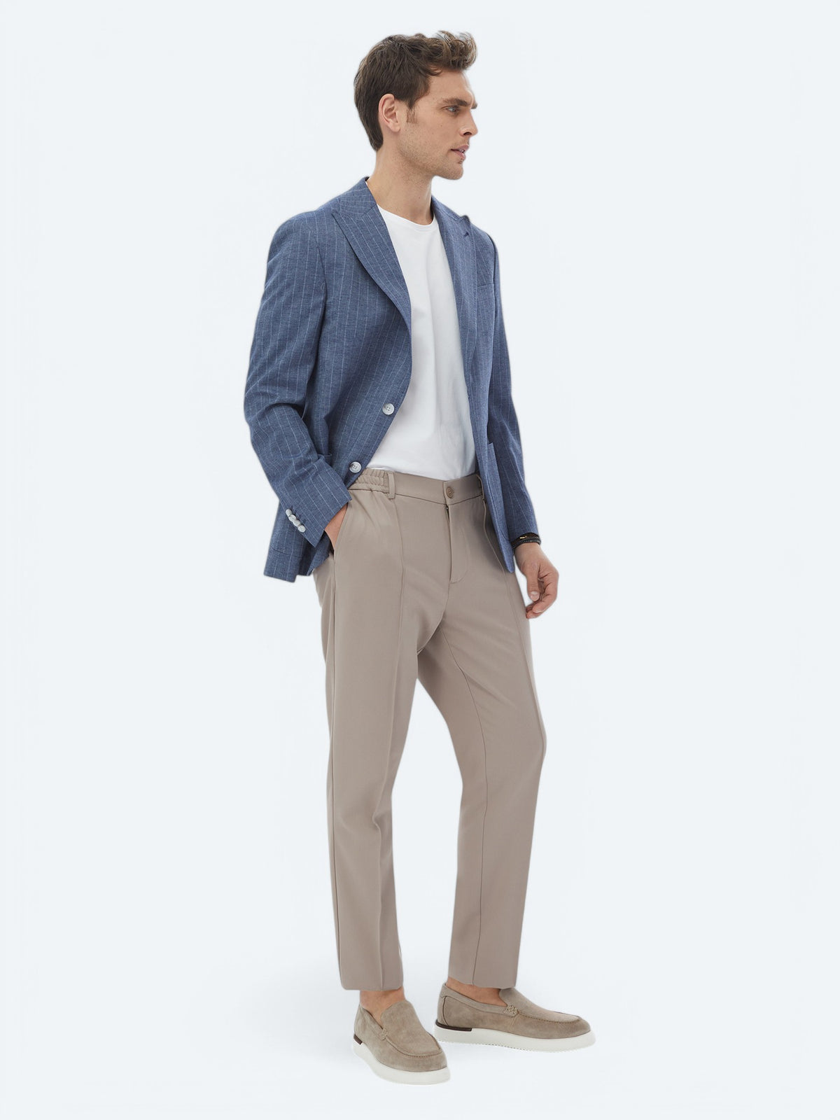 İndigo Çizgili Modern Fit Keten Karışımlı Ceket
