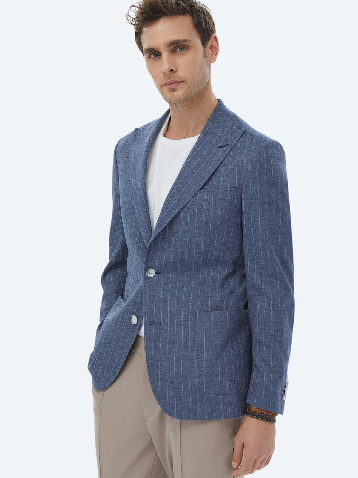 İndigo Çizgili Modern Fit Keten Karışımlı Ceket