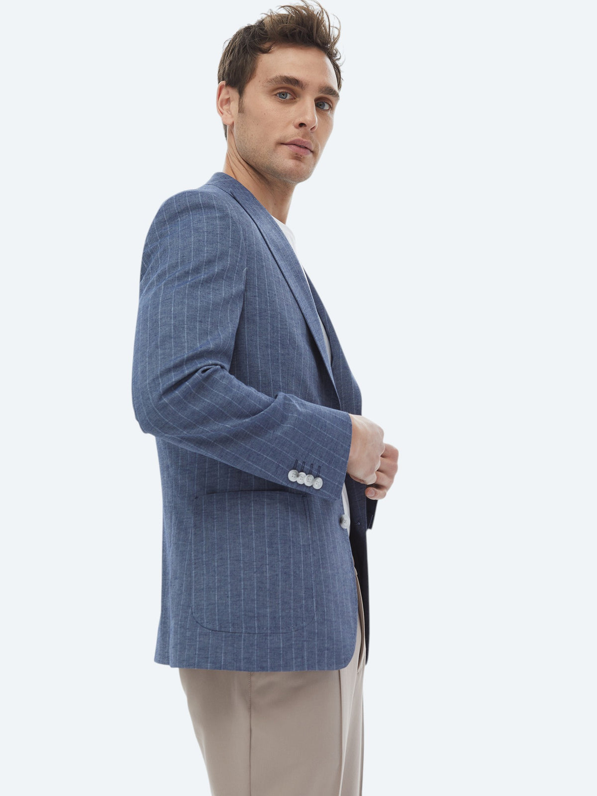 İndigo Çizgili Modern Fit Keten Karışımlı Ceket