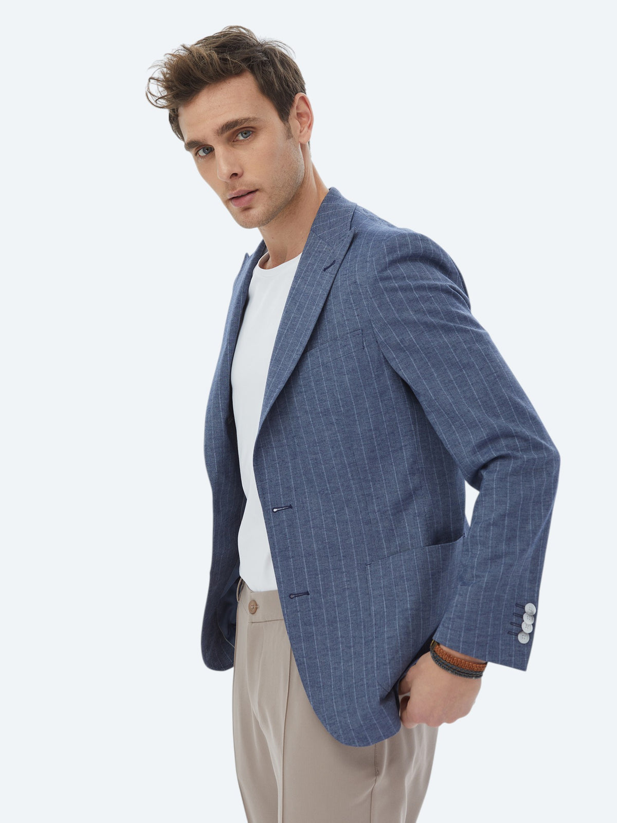 İndigo Çizgili Modern Fit Keten Karışımlı Ceket