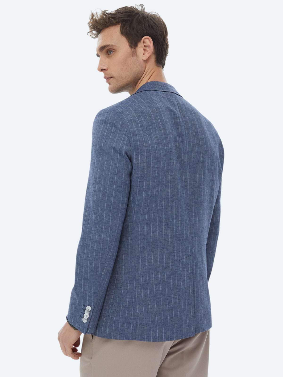 İndigo Çizgili Modern Fit Keten Karışımlı Ceket