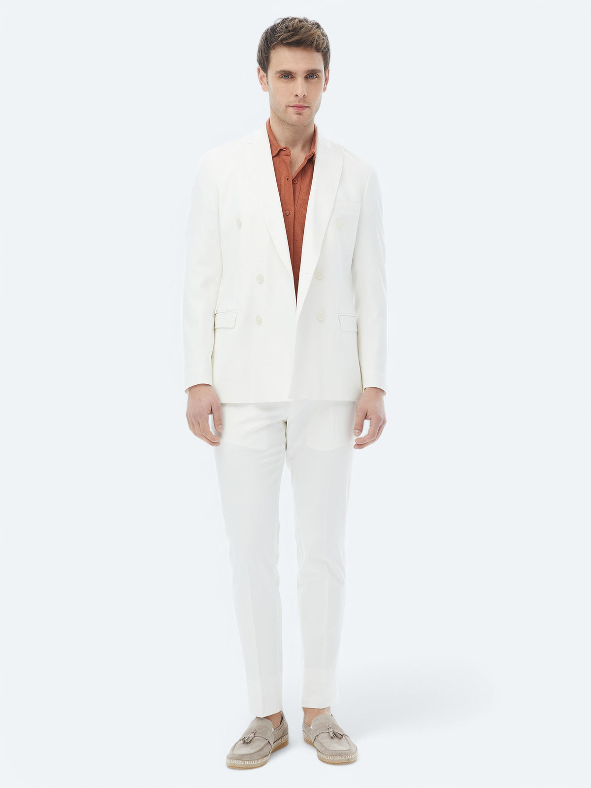 Ekru Düz Slim Fit Takım Elbise