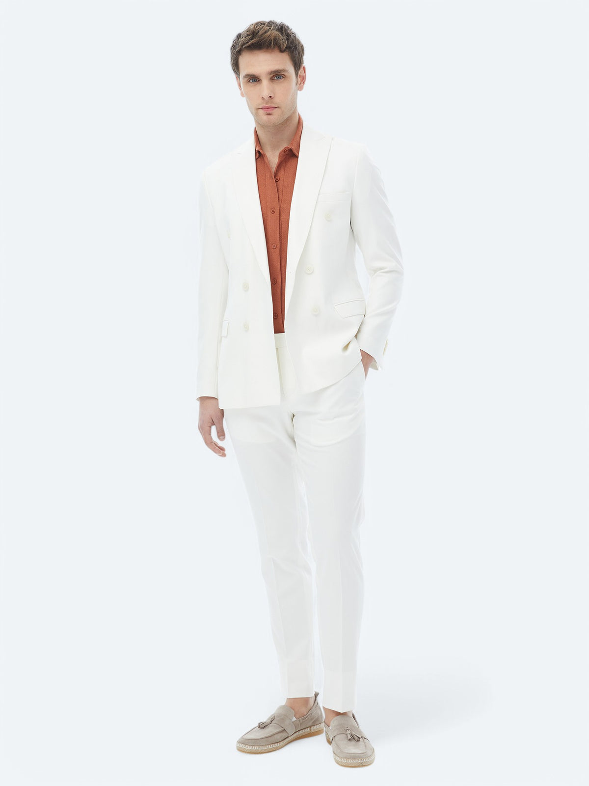 Ekru Düz Slim Fit Takım Elbise