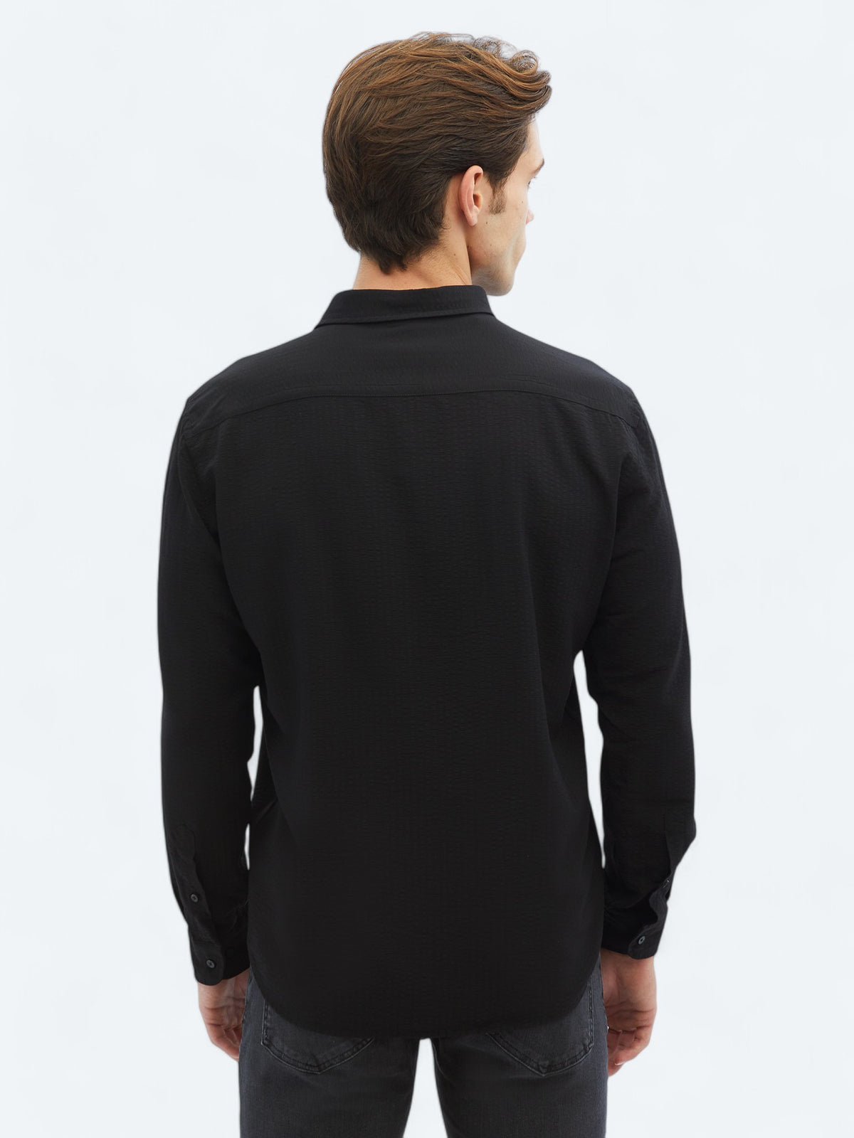 Siyah Regular Fit Uzun Dokuma Casual Gömlek