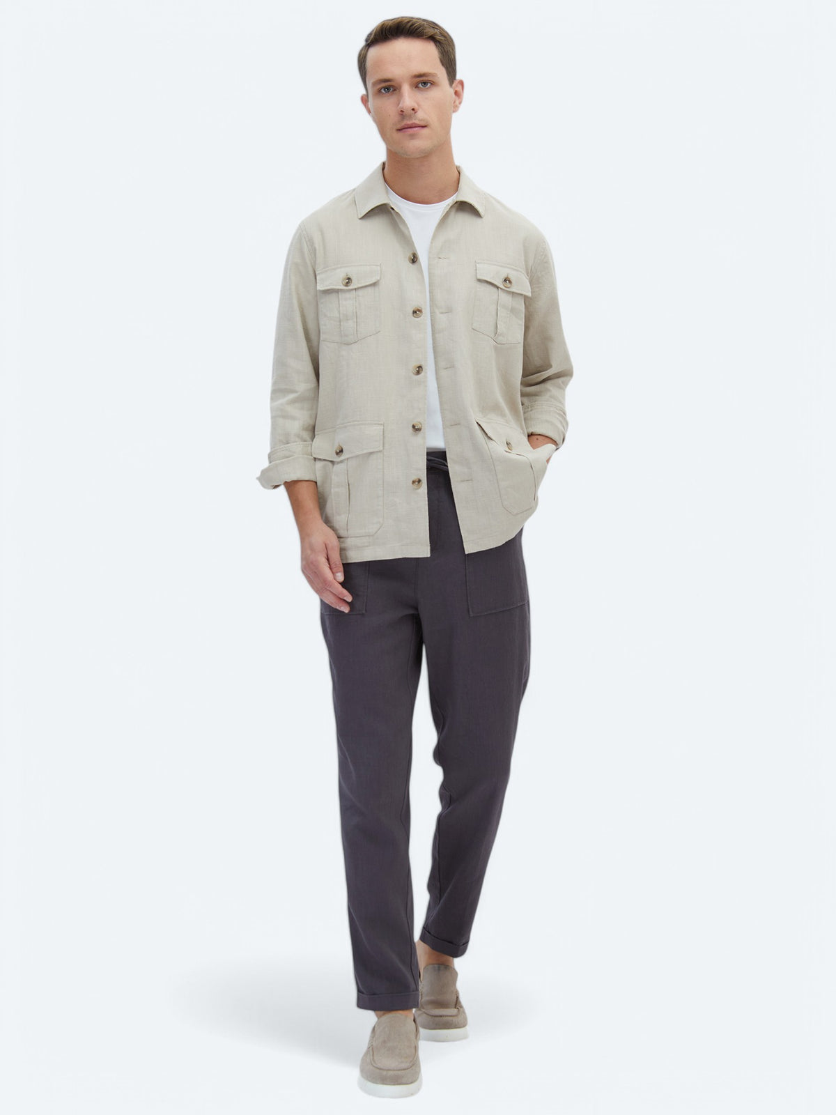 Bej Düz Regular Fit Uzun Dokuma Overshirt