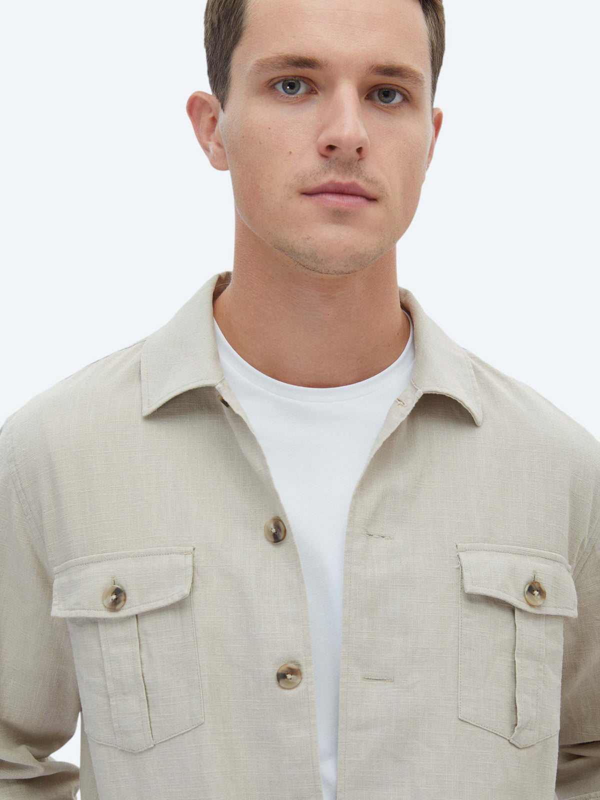Bej Düz Regular Fit Uzun Dokuma Overshirt