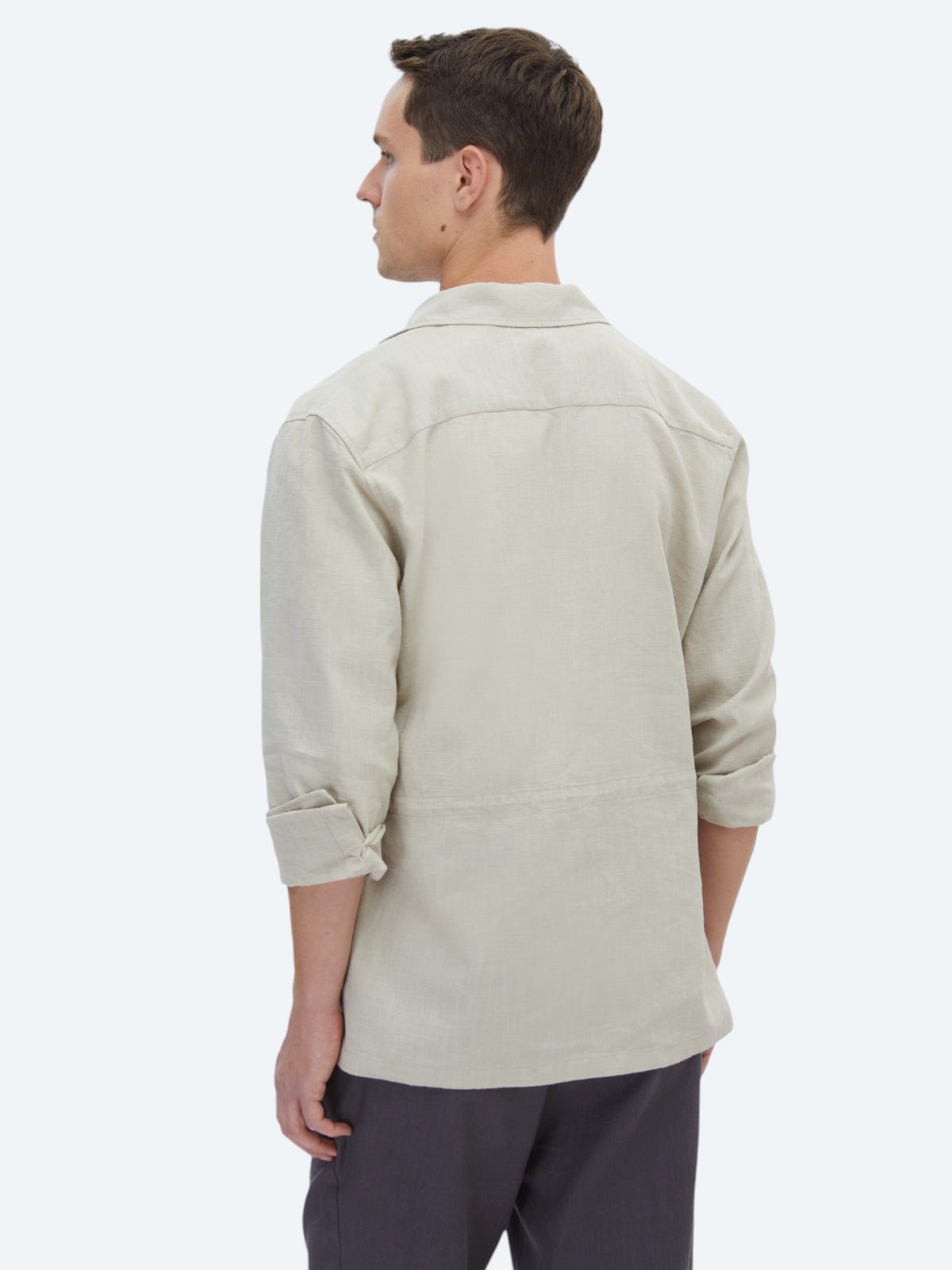 Bej Düz Regular Fit Uzun Dokuma Overshirt