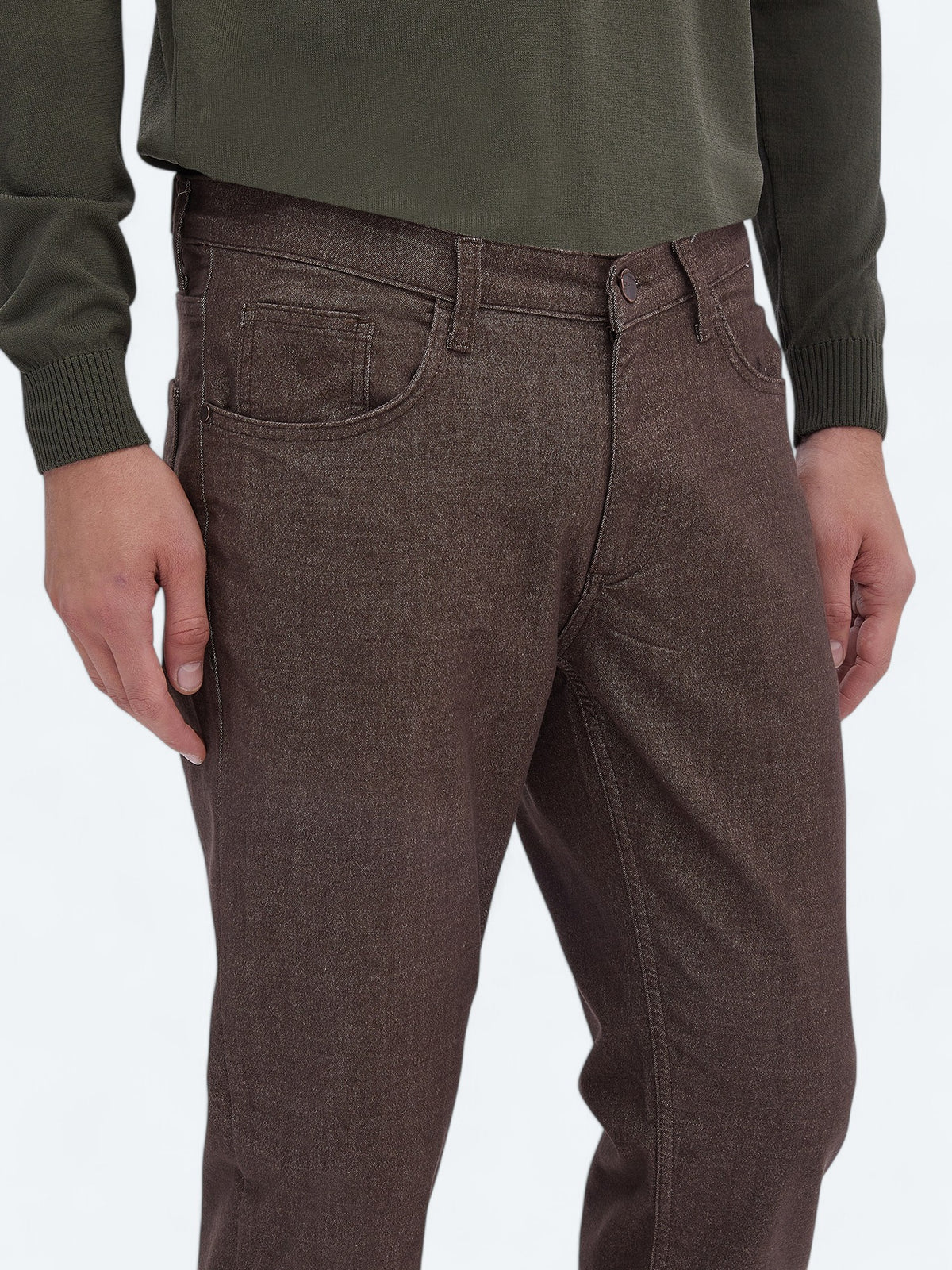 Kahverengi Dokuma Slim Fit Casual Pamuk Karışımlı Pantolon