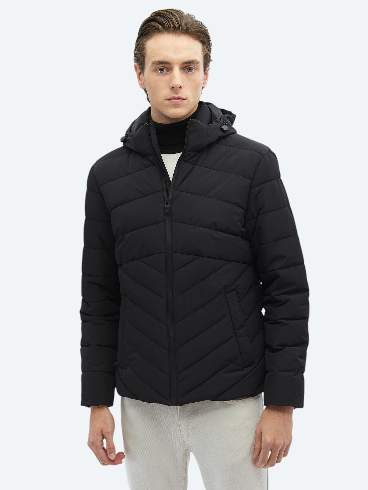 Siyah Regular Fit Kapüşonlu Casual Dokuma Mont
